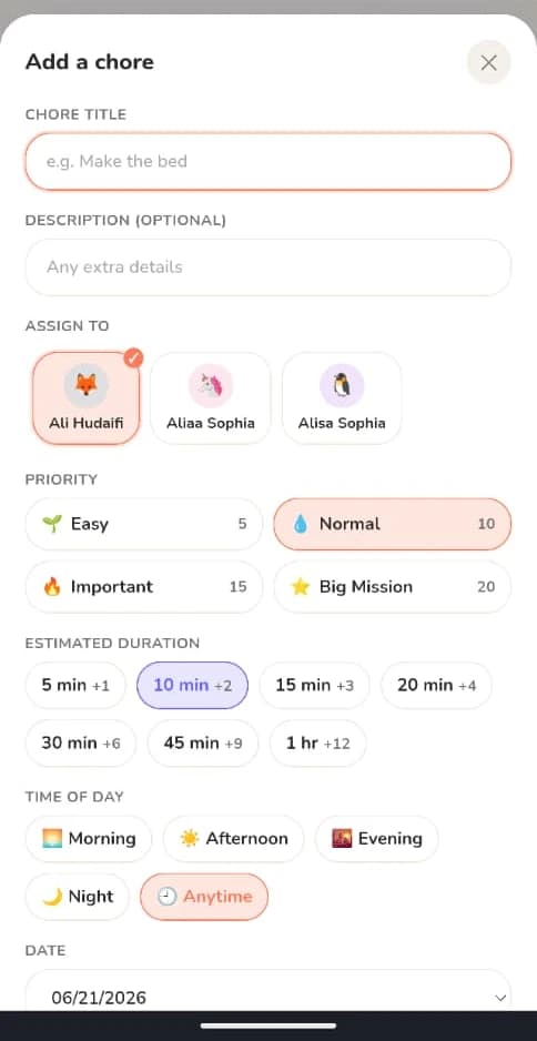 Adding a routine in Otakids — title, assign to a child, time of day and repeat