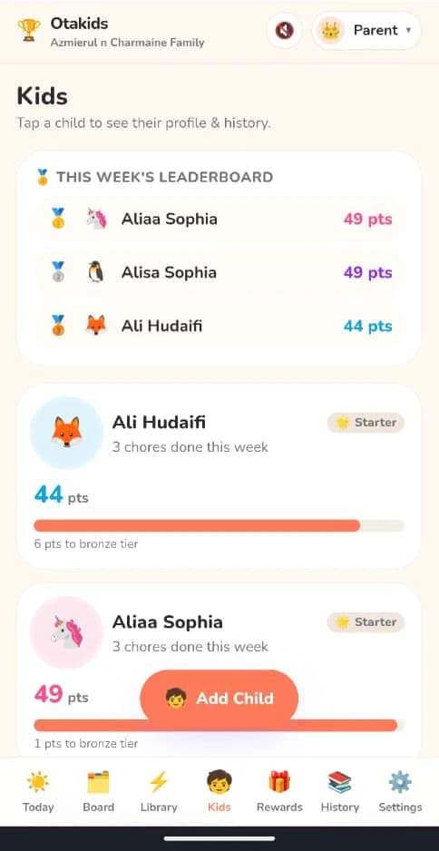 Otakids leaderboard — each child's points, tier progress and this week's ranking
